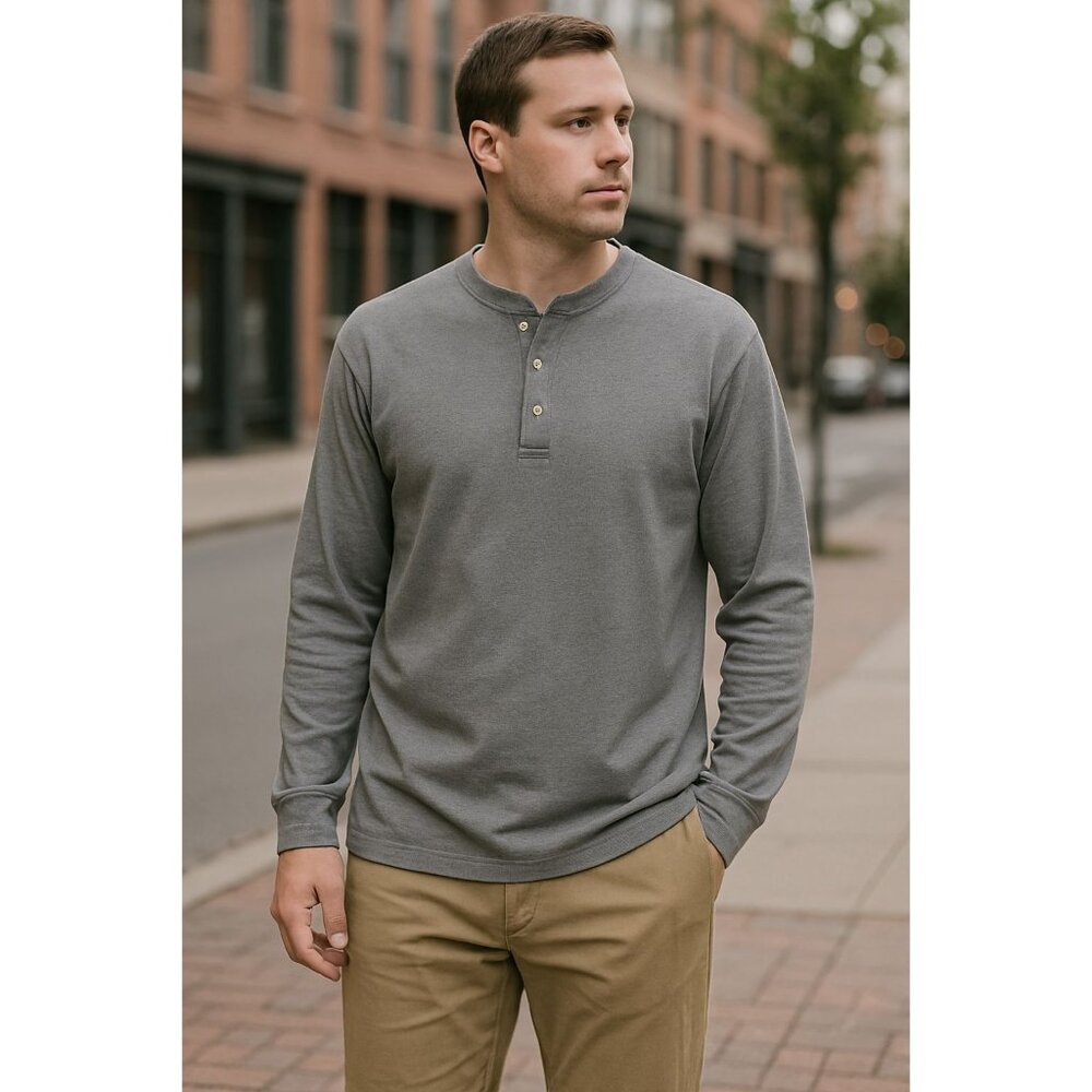 L.L. Bean Gray Henley Shirt L Long Sleeve 100% Cotton Traditional Fit Minimalist
